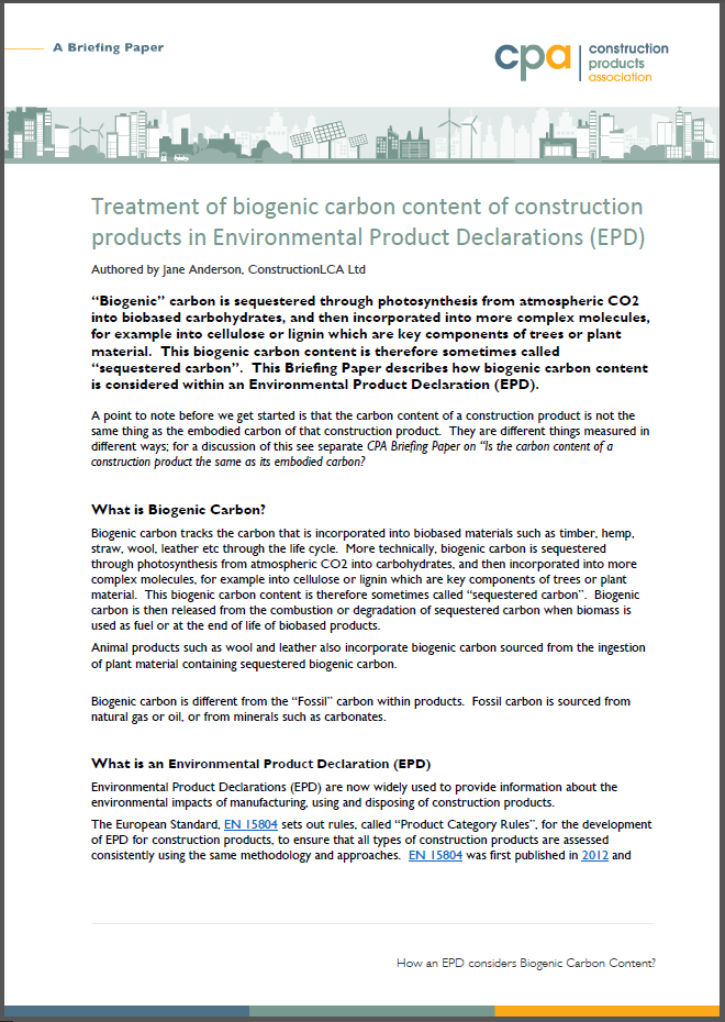 Treatment of biogenic carbon content of construction products in Environmental Product Declarations (EPD)