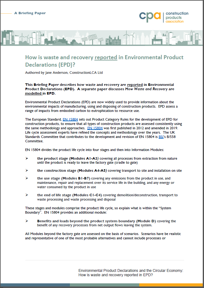How is waste and recovery reported in Environmental Product Declarations (EPD)?